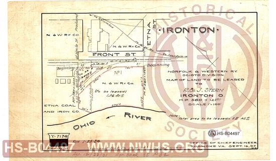 N&W Ry, Scioto Division, Map of land to be leased to R.& J. Stern, Ironton O., MP 580+1267.1