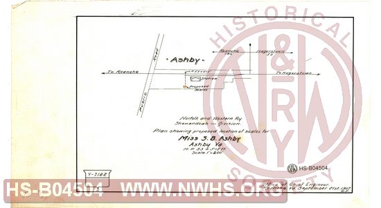N&W Ry, Shenandoah Division, Plan showing proposed location of scale for Miss S.B. Ashby, MP 53+515'