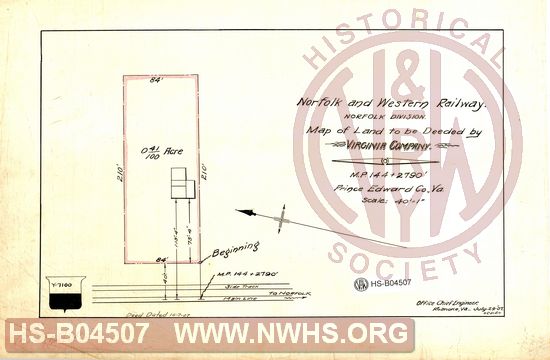 N&W Ry, Norfolk Division, Map of land to be deeded by Virginia Company, MP 144+2790', Prince Edward Co., Va