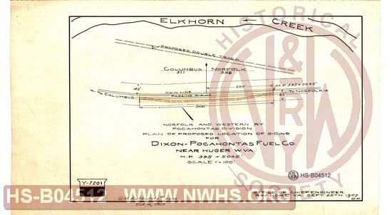 N&W Ry, Pocahontas Division, Plan of proposed location of siding for Dixon Pocahontas Fuel Co near Huger W.Va MP 395+5045'