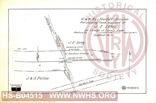 N&W Ry, Norfolk Division, Plat showing land required of J.E. Long for change of county road