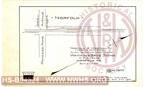 N&W Ry, Lamberts Point Branch, Plan showing location of Watkins Bros' Siding, MP 3+5223', Norfolk, Va.