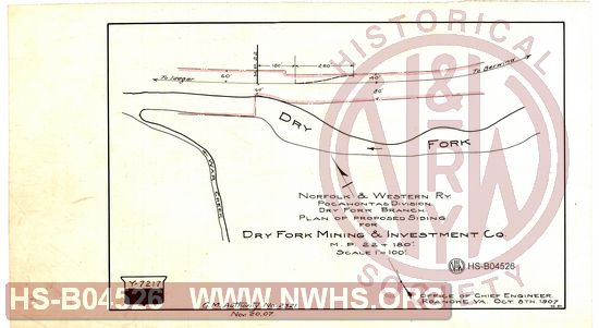N&W Ry, Pocahontas Division, Dry Fork Branch, Plan of proposed siding for Dry Fork Mining & Investment Co, MP 22+180'