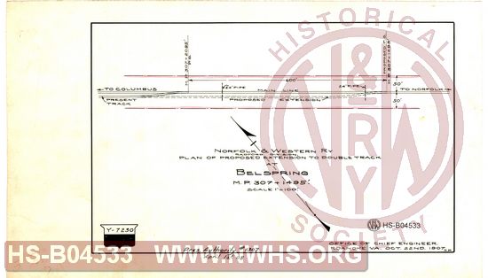 N&W Radford Division, PLan of proposed extension to double track at Belspring, MP 307+1495'