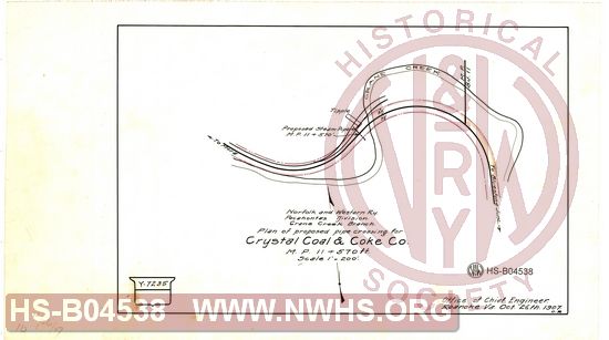 N&W Ry, Pocahontas Division, Crane Creek Branch, Plan of proposed pipe crossing for Crystal Coal & Coake Co., MP 11+570'