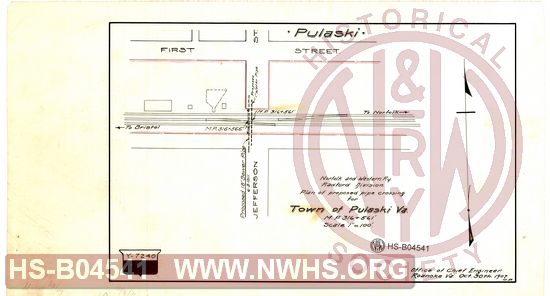 N&W Ry, Radford Division, Plan of proposed pipe crossing for Town of Pulaski Va., MP 316+561'