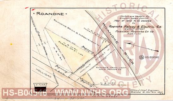 N&W Ry, Winston-Salem Division, Map of land to be deeded to Roanoke Railway & Electric Co, Walnut Street, Roanoke, Roanoke Co. Va