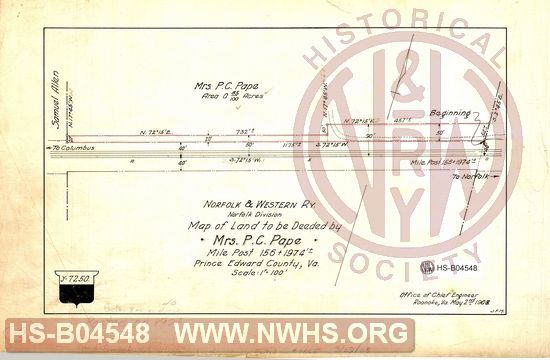 N&W Ry, Norfolk Division, Map of land to deeded by Mrs P.C. Pape, Mile Post 156+1974', Prince Edward County, Va