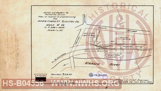 N&W Ry, Pocahontas Division, Plan of location of proposed siding for Jones-Cornett Electric Co, Welch W.Va, MP 398+4200'