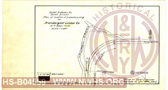 N&W Ry, Scioto Division, Plan of location of proposed siding for Prendergast Lumber Co., MP 490+1400'
