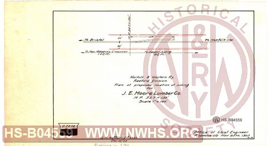N&W Ry, Radford Division, Plan of proposed location of siding for J.E. Moore Lumber Co., MP 327+130'