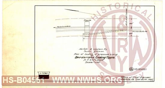 N&W Ry, Scioto Division, Plan of location of proposed siding at Borderland Coaling Tipple, MP 475+2040'