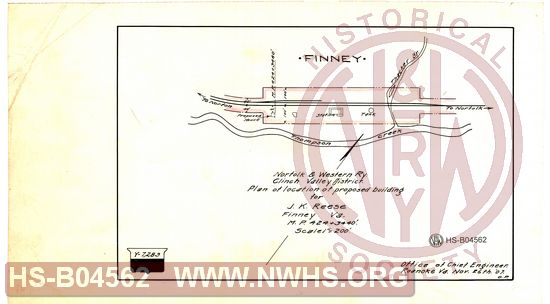 N&W Ry, Clinch Valley District, Plan of location of proposed building for J.K. Reese, Finney Va,  MP 424+3440'
