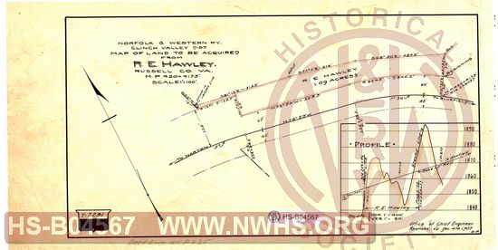 N&W Ry, Clinch Valley Dist, Map of land to be acquired from R.E. Hawley, Russel Co. Va., MP 420+4173'