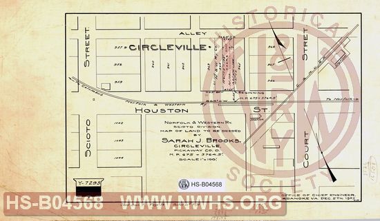 N&W Ry, Scioto Division, Map of land to be deeded by Sarah J. Brooks, Circleville, Pickaway Co. O., MP 675+3764.5'