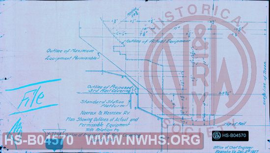 N&W RY, Plan showing outlines of actual and permissible equipment with relation to outline of proposed 3rd rail covering
