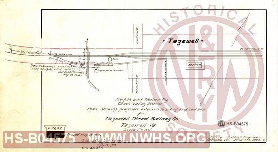 N&W Ry, Clinch Valley District, Plan showing proposed extension to siding and coal bins for Tazewell Street Railway Co., Tazewell, Va