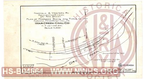 N&W Ry, Pocahontas Division, Dry Fork Branch, Plan of proposed siding and tipple for Susanna Pocahontas Coal Co, MP 22+1451.5'
