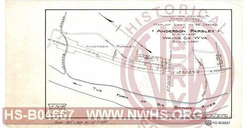 N&W Ry, Scioto Division (Big Sandy Line), Map of land to be deeded by Anderson Parsley, MP 10+670', Wayne Co, W.Va