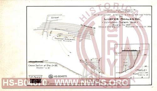 N&W Ry, Winston-Salem District, Plan of proposed extension of siding and coal trestle for Liipfer Scales Co, Winston-Salem Yard