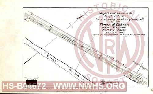 N&W Ry, Radford Division, Plan showing location of sidewalk of the Town of Oakvale West Virginia, MP 346+5255'