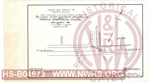 N&W Ry, Radford Division, Plan show proposed location of pipe for Trustees Emory and Henry College, Inc., Marth Washington College, Abingdon, Va, MP 393+195'