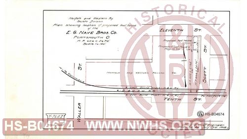 N&W Ry, Scioto Division, Plna showing location of the proposed tool house of the E.G. Nave Bros. Co, Portsmouth O, MP 606+2670'
