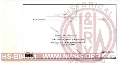 N&W Ry, Norfolk Division, Plan showing location of wagon raod of Wakefield Manufacturing Co., MP 57+4480'