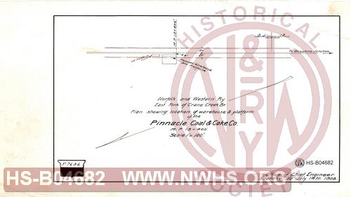 N&W Ry, East Fork of Crane Creek Br., Plan showing location of warehouse & platform of the Pinnacle Coal & Coke Co., MP 13+400'