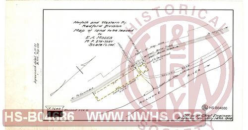 N&W  Ry, Map of land to be leased to E.A. Moses, MP 278+3287'