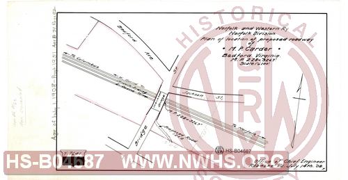 N&W Ry, Norfolk Division, Plan of location of proposed roadway of M.P. Carder, Bedford Virginia, MP 228+3267'