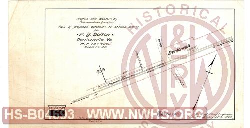 N&W Ry, Shenandoah Division, Plan of proposed extension to station siding for F.D. Bolton, Bentonville Va, MP 72+4980'