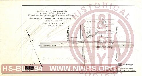 N&W Ry, Lamberts Point Branch, Plan of location of proposed siding for Batcheldor & Collins, MP 2+2357', Norfolk Va