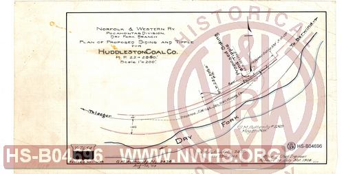 N&W Ry, Pocahontas Division, Dry Fork Branch, Plan of proposed siding and tipple for Huddleston Coal Co., MP 22+2060'