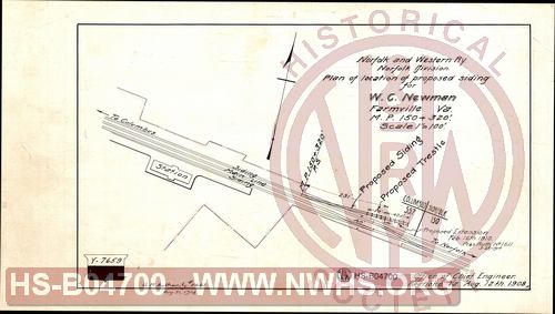N&W RY, Norfolk Division, Plan of location of proposed siding for W.C. Newman, Farmville VA MP 150+320'