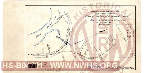 N&W Ry, Dry Fork Branch, Plan of location of proposed tracks for Johns Branch Coal Co MP 23+546'