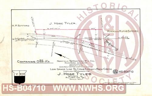 N&W R'y Co., Radford Division, Map of land desired for the construction of the Low Grade Line from Crab Creek to Back Creek through the property of J. Hoge Tyler situate in Pulaski Co. Va