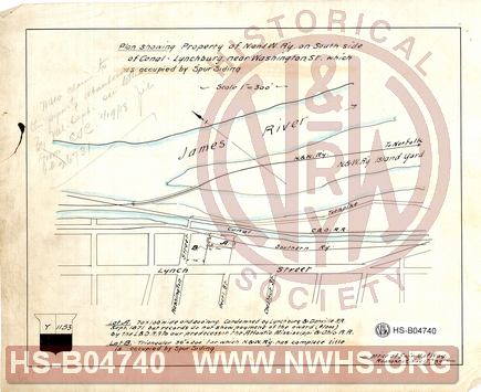 Plan showing property of N and W R'y on south side of canal - Lynchburg near Washington St which is occupied by spur siding