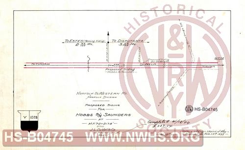 N&W R'y, Norfolk Division, Proposed siding for Hobbs and Saunders at MP 72+2179' also J.L. DuVal & Co MP 72+1560'