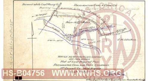 N&W Ry, Dry Fork Branch, Plat of land required from Pocahontas Coal and Coke Company, McDowell Co, West Virginia
