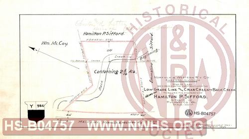 N&W R'y Co., Radford Division, Map of land desired for the construction of the Low Grade Line from Crab Creek to Back Creek through the property of Hamilton P. Sifford situate in Pulaski Co. Va