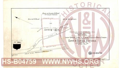 N&W R'y Co., Radford Division, Map of land desired for the construction of the Low Grade Line from Crab Creek to Back Creek through the property of Dunn & Gordie Sifford situate in Pulaski Co. Va