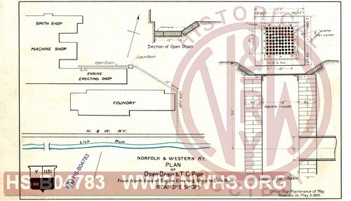 N&W R'y, Plan of Open Drain & T.C. Pipe from North Side of engine erecting shop to Lick Run, Roanoke Shops