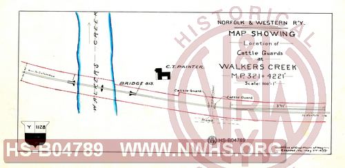 N&W R'y, Map showing location of cattle guards at Walkers Creek, MP 321+4221'