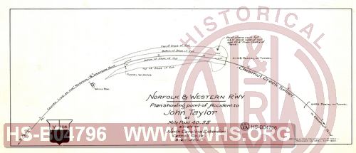 N&W R'wy, Plan showing point of accient to John Taylor at Mile Post 40.55 situtae on North Carolina Extension, Carroll Co. Va.