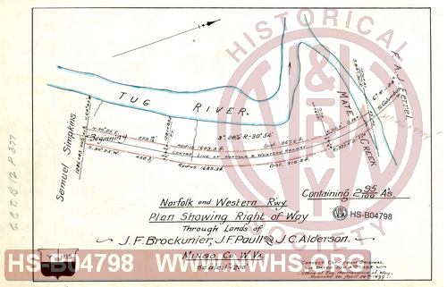 N&W R'wy, Plan showing right of way through lands of J.F. Brockunier, J.F. Paull and J.C. Alderson, Mingo Co. W.Va.