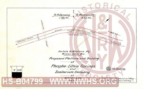 N&W R'y, Winston Salem Div, Proposed Platform and building of Phospho-Lithia Springs and Sanitarium Company at MP 75+685'