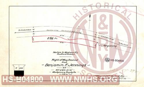 N&W R'y, Radford Division, Right of way desired from Benjamin F. Jennings at MP 286+5116' Montgomery County Va.