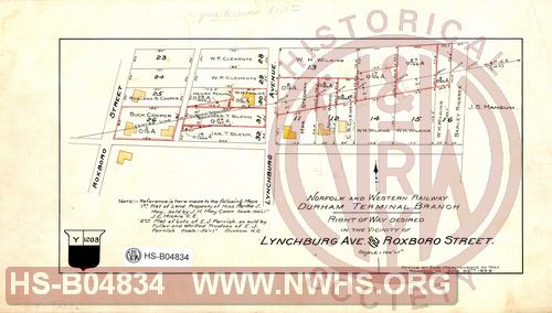 N&W Ry, Durham Terminal Branch, Right of way desired in the vicinity of Lynchburg Ave and Roxboro Street