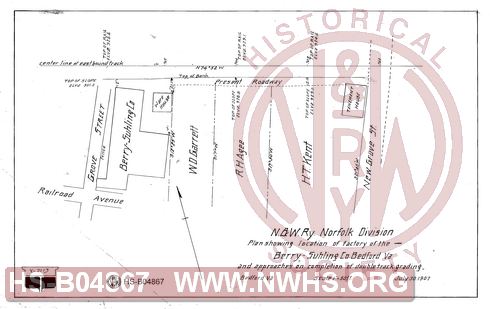 N&W Ry Norfolk Division, Plan showing location of factory of the Berry-Suhling Co. Bedford, Va and approaches on completion of double track grading